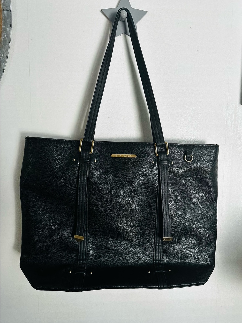 Steve Madden Classic Black Pebbled Tote with Gold Accents